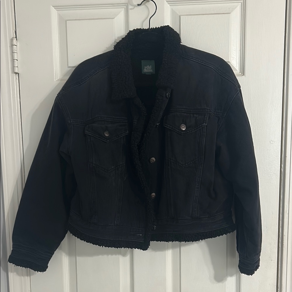 Black Denim Sherpa cropped Jacket